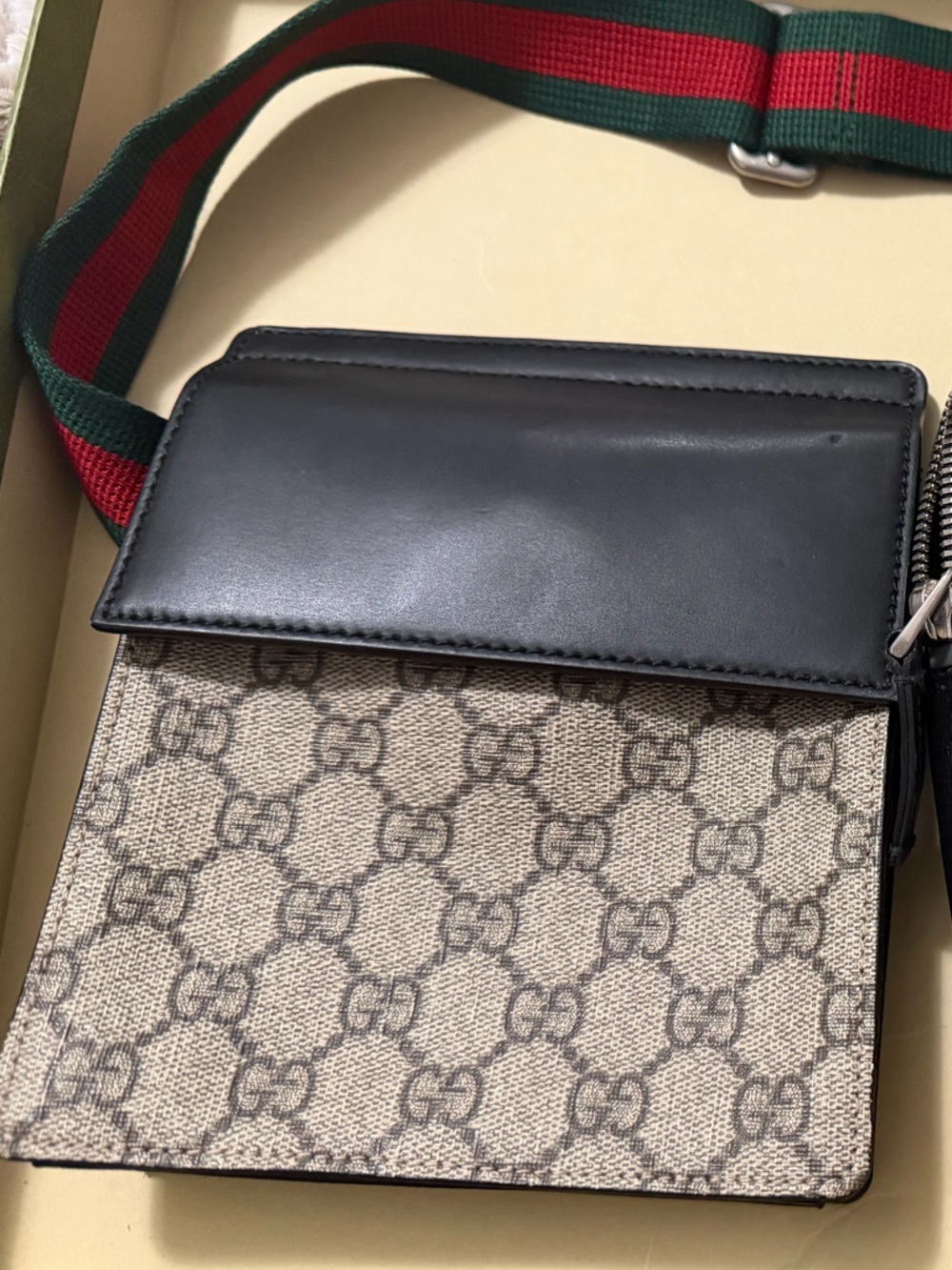 Gucci Beige GG Canvas Belt Bag with Black Leather and Red/Green Web Strap - Picture 2 of 3